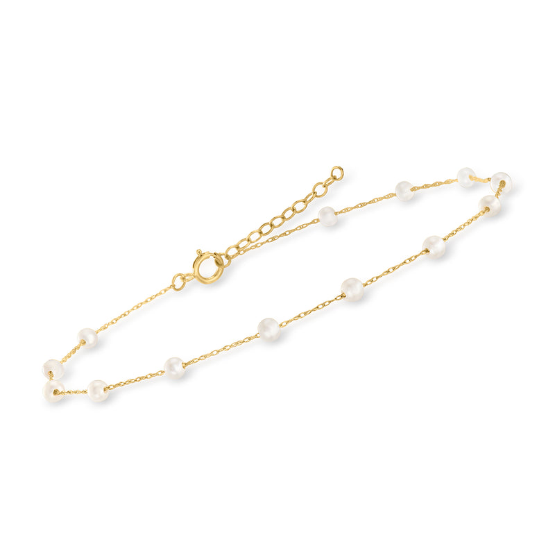 Cultured pearl station anklet, 10kt yellow gold with white pearls on fine chain