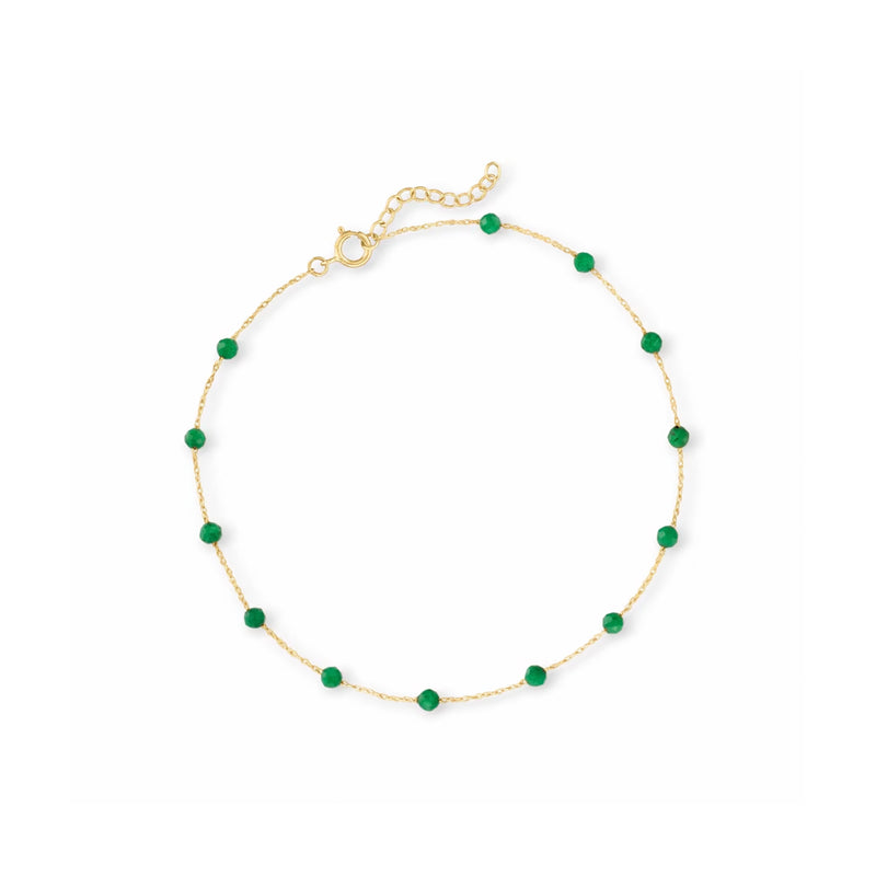 10kt yellow gold bead station anklet with small green gemstone beads and clasp