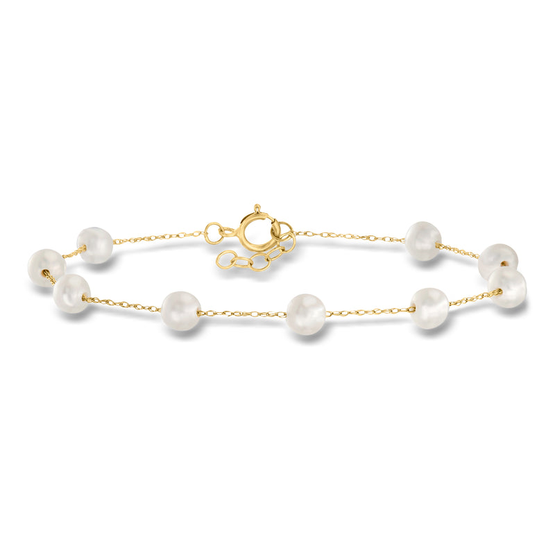 10kt yellow gold station bracelet with round white cultured pearls on link chain