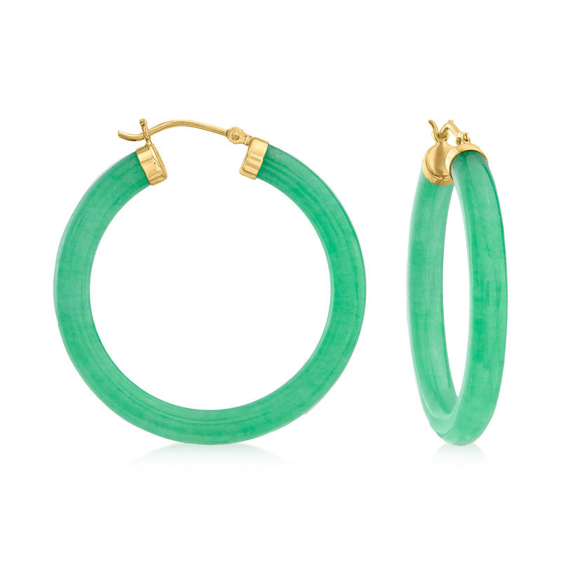 10kt yellow gold hoop earrings with green jade-like oval hoops