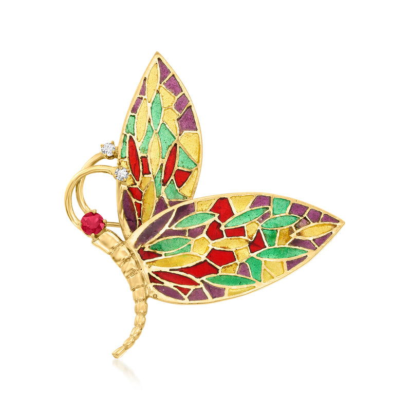 Butterfly pin in yellow gold with colorful plique-a-jour enamel wings and ruby stones