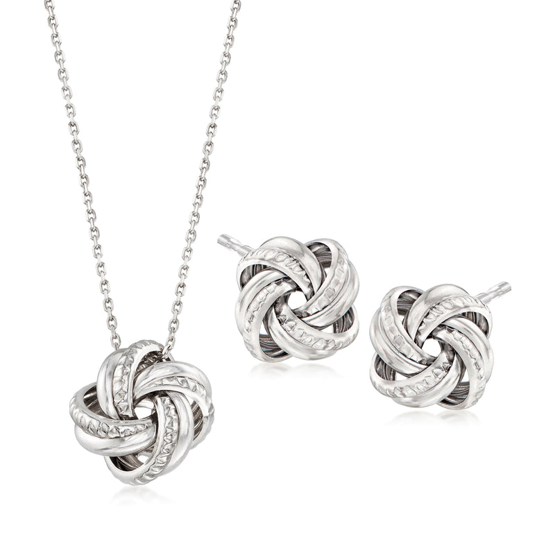 Sterling silver love-knot pendant necklace with linked interwoven design