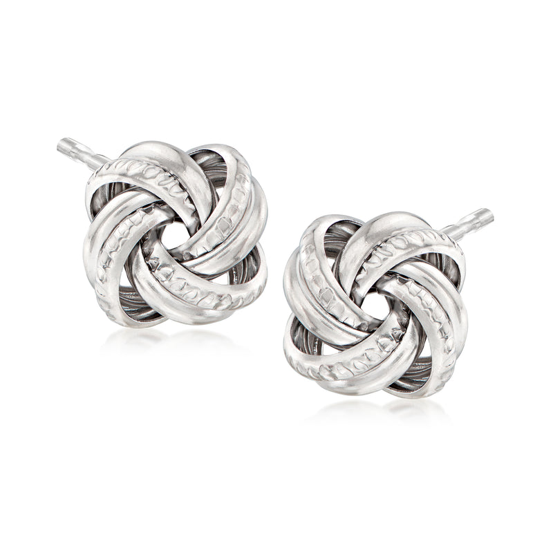 Sterling silver love-knot stud earrings with twisted interwoven hoop design