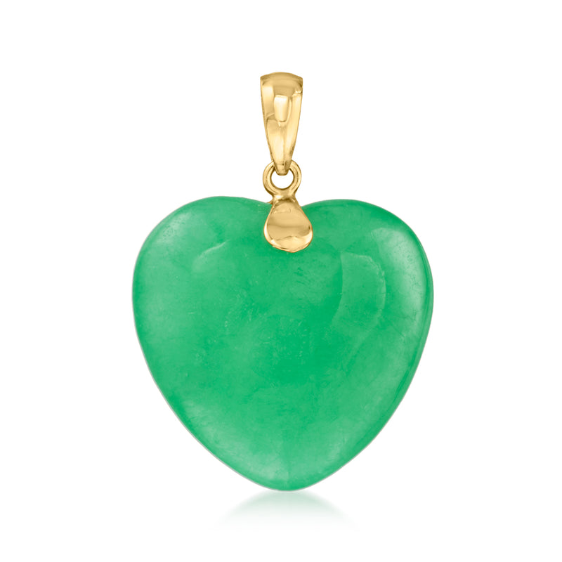 Green jade heart pendant in 10kt yellow gold with bail and loop top
