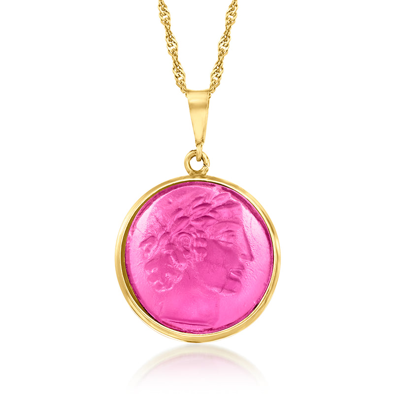 Pink Venetian glass Apollo pendant necklace with gold over sterling chain and round charm