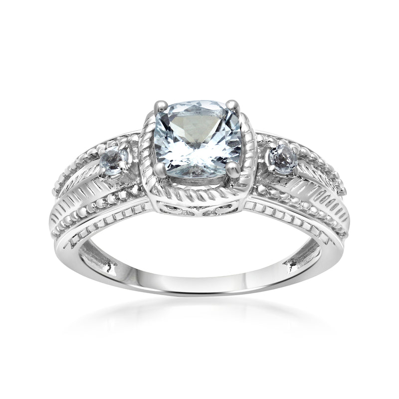 Sterling silver aquamarine ring with square cushion center stone and split prongs