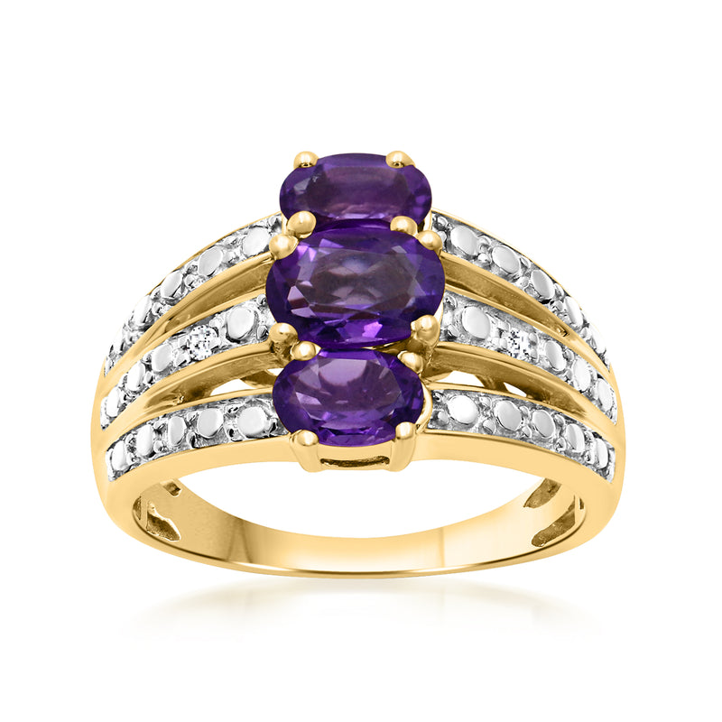 Amethyst three-row ring with diamond accents in gold over sterling, oval center stones
