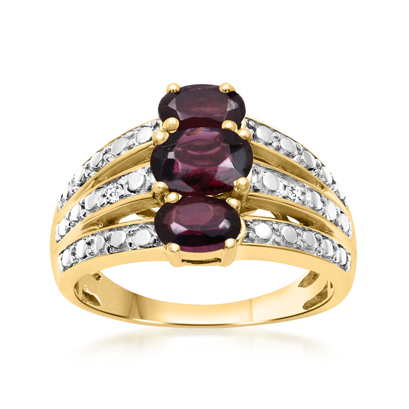 Rhodolite garnet three-row ring with diamond accents in gold over sterling silver