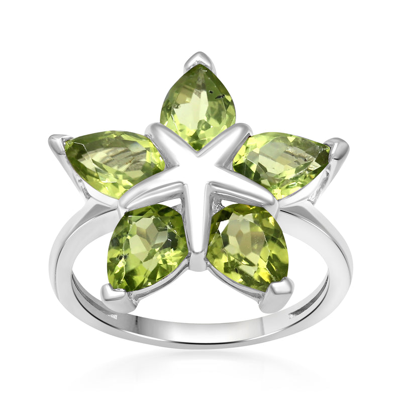 Sterling silver peridot star ring with five teardrop green gemstones