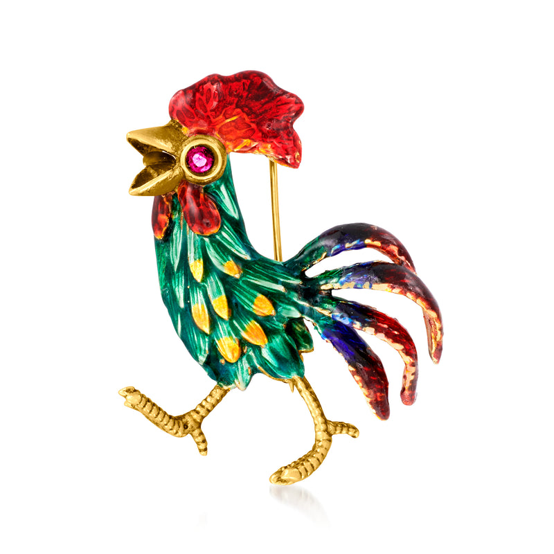 Vintage yellow gold rooster enamel pin with ruby eye and red crest