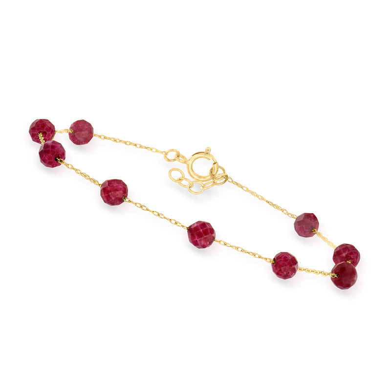 10kt yellow gold ruby bead station bracelet with oval red gemstones and link chain