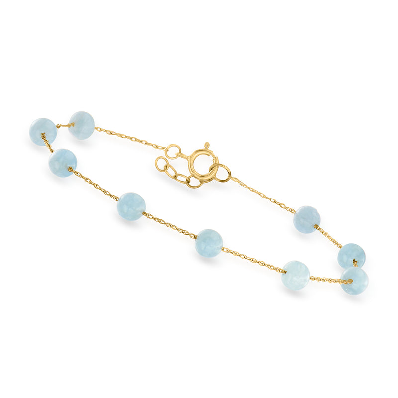 Aquamarine bead station bracelet in 10kt yellow gold, light blue round beads