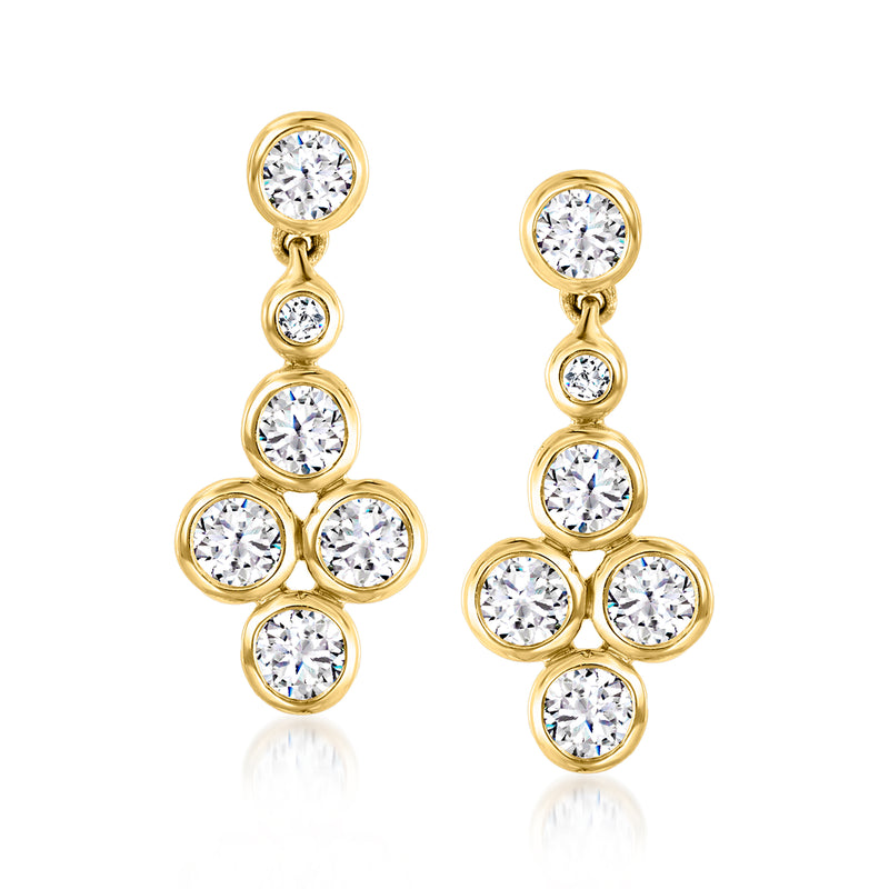 14kt yellow gold bezel-set diamond drop earrings, round diamond cluster dangle