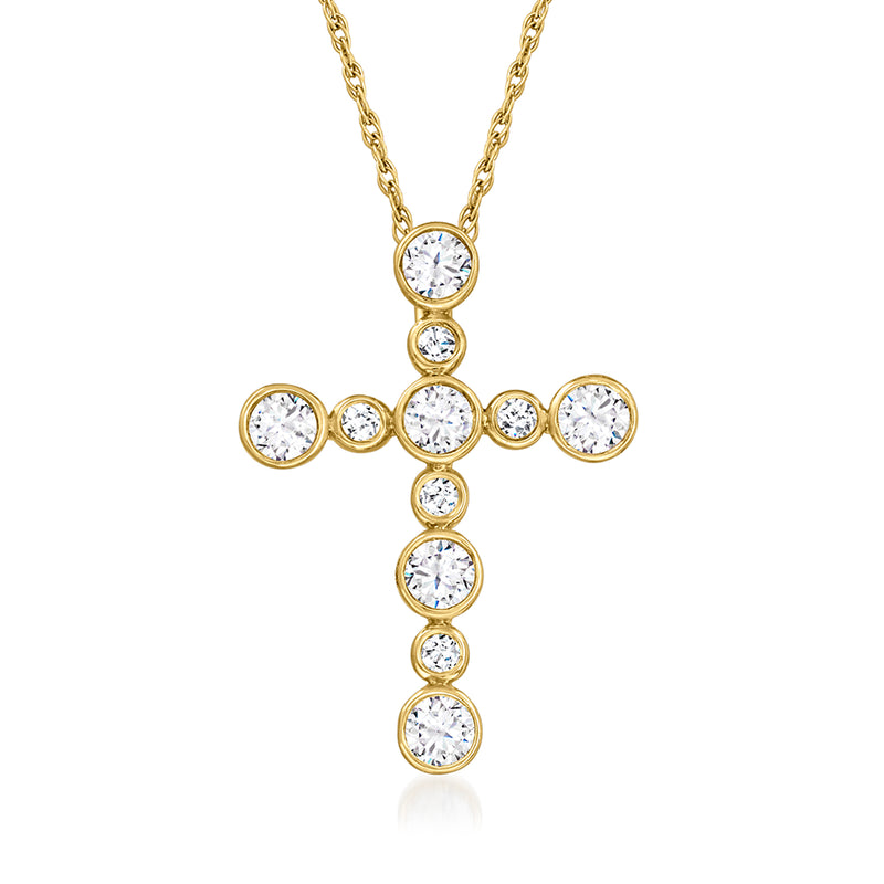 14kt yellow gold diamond cross pendant necklace with round bezel-set stones