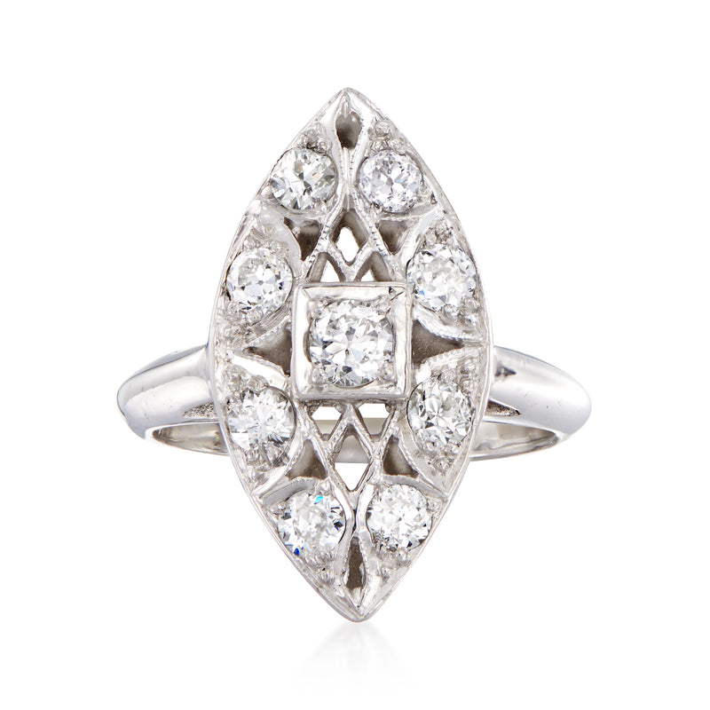 Vintage marquise-shaped diamond filigree ring in 14k white gold, prong-set stones