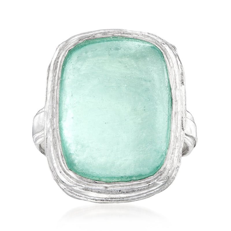 Sterling silver ring with rectangular mint green Roman glass gemstone
