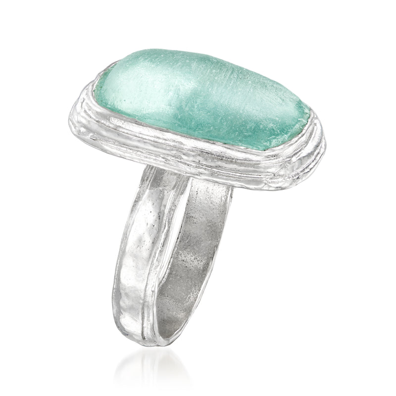 Sterling silver ring with rounded-rectangle mint green Roman glass