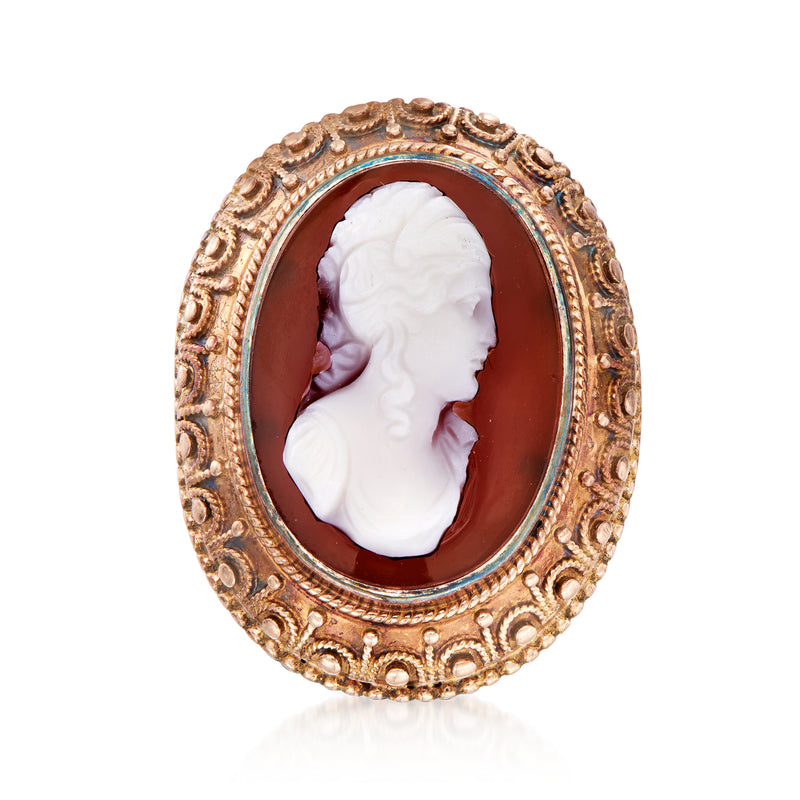 Vintage oval cameo ring with red agate stone, white carved profile, ornate 10kt gold bezel