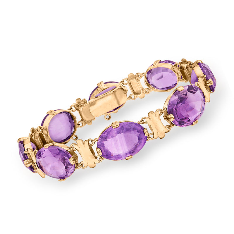 14kt rose gold amethyst link bracelet with oval purple gemstone stations