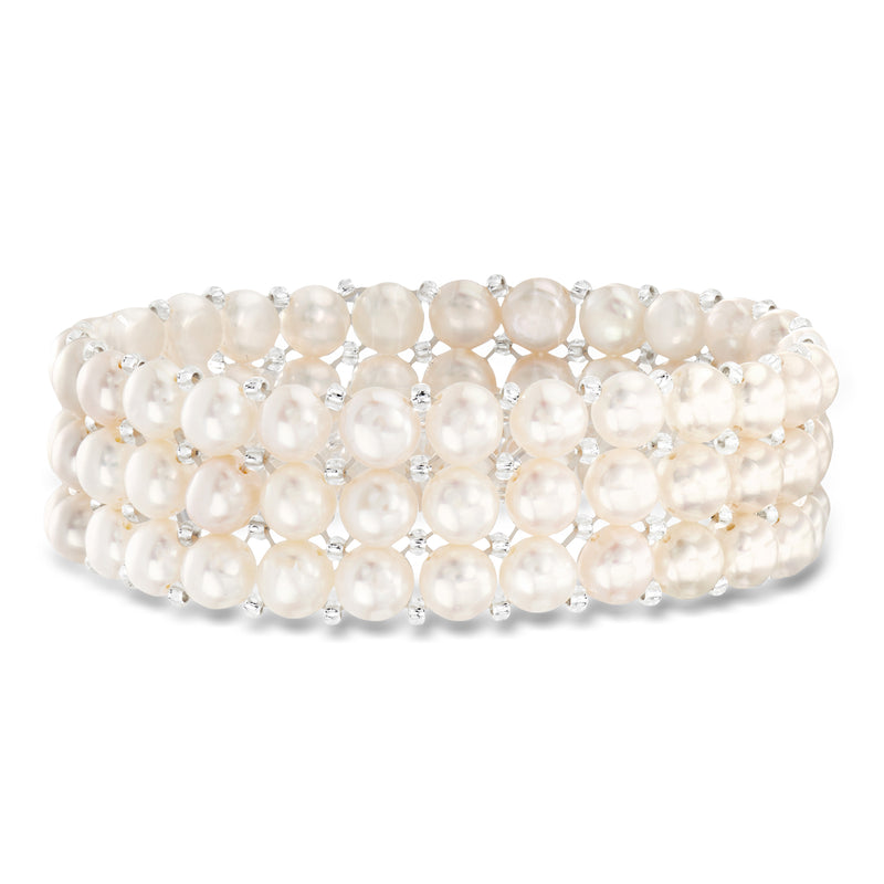 Three-row stretch cultured pearl bracelet with round 6–7mm white pearls
