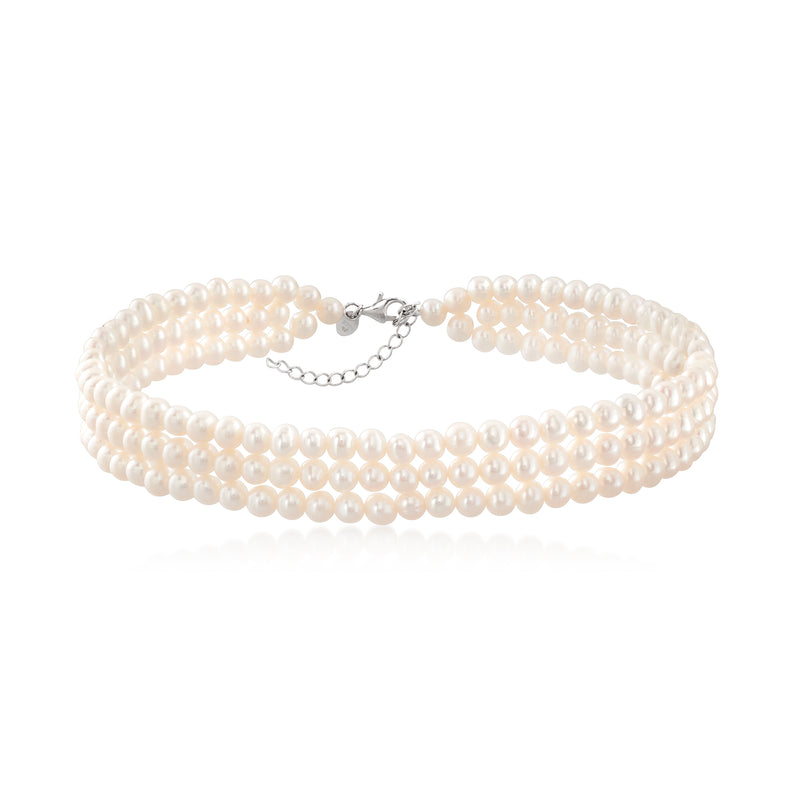 Three-row cultured pearl choker necklace with sterling silver clasp and extender