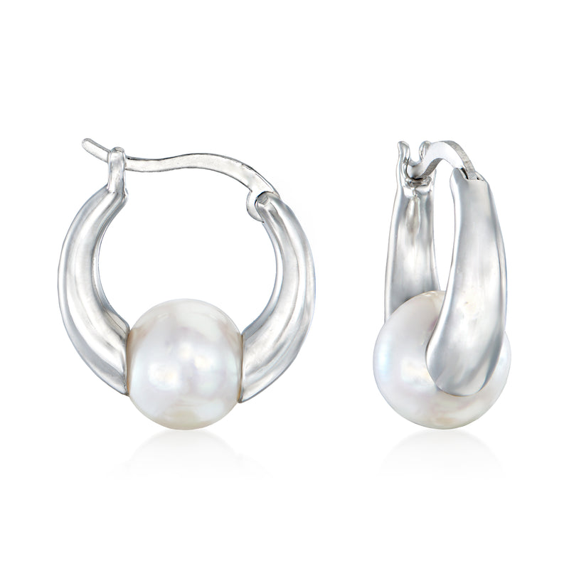 Sterling silver cultured pearl huggie hoop earrings, 7.5–8mm, hinged with white pearl