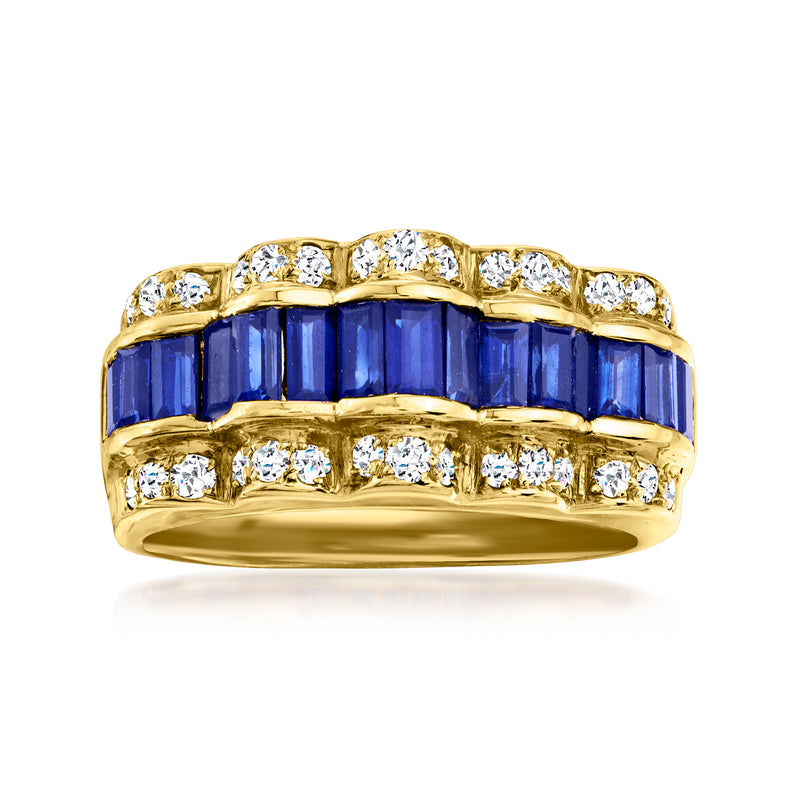 Scalloped 18kt yellow gold ring with blue sapphire and diamond accents