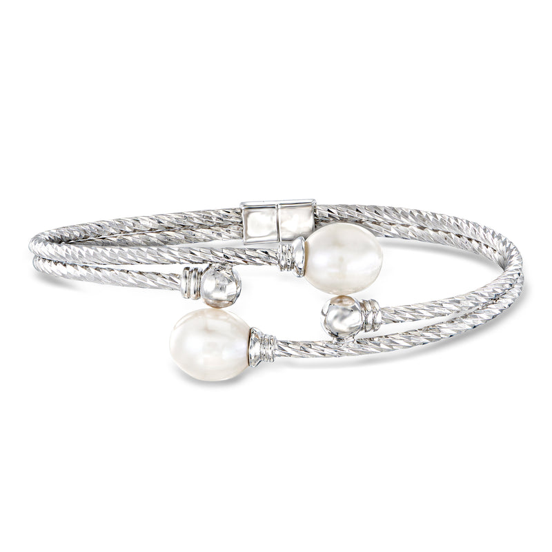 Sterling silver braided cuff bracelet with two cultured white pearls and crystal accents