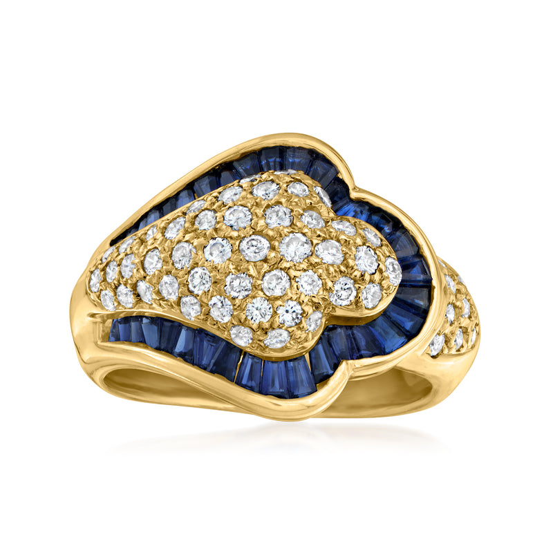 Vintage sapphire and diamond ring in 18k yellow gold, blue oval sapphire with diamond halo