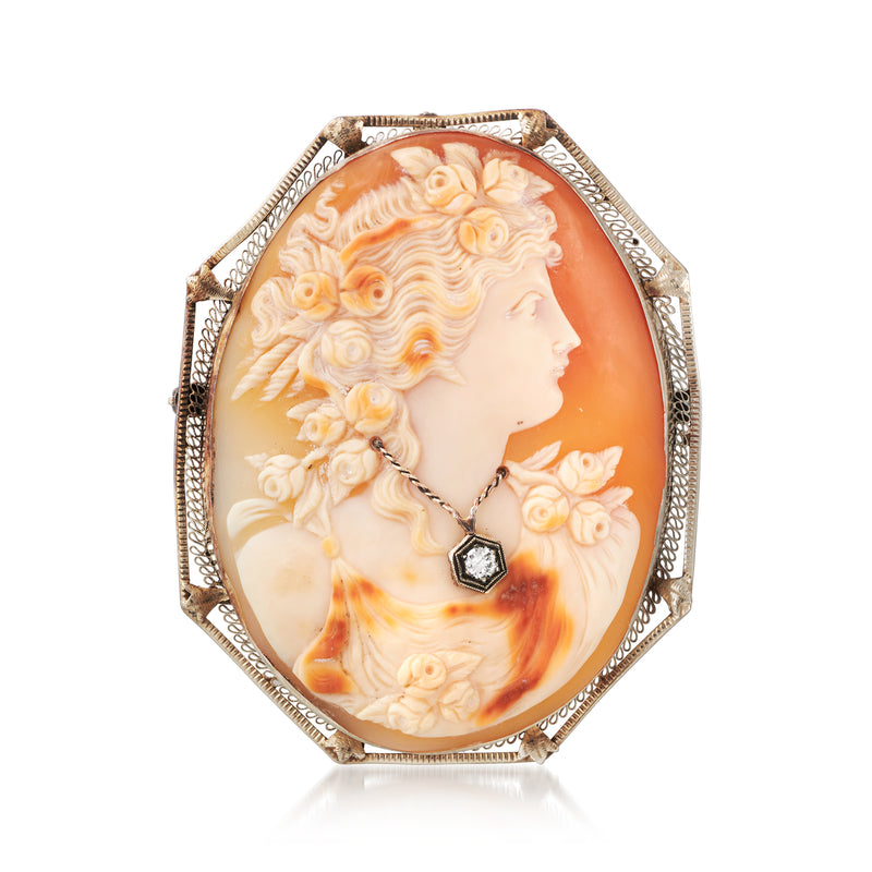 Oval cameo pin/pendant in white gold with brown shell portrait and dark diamond accent