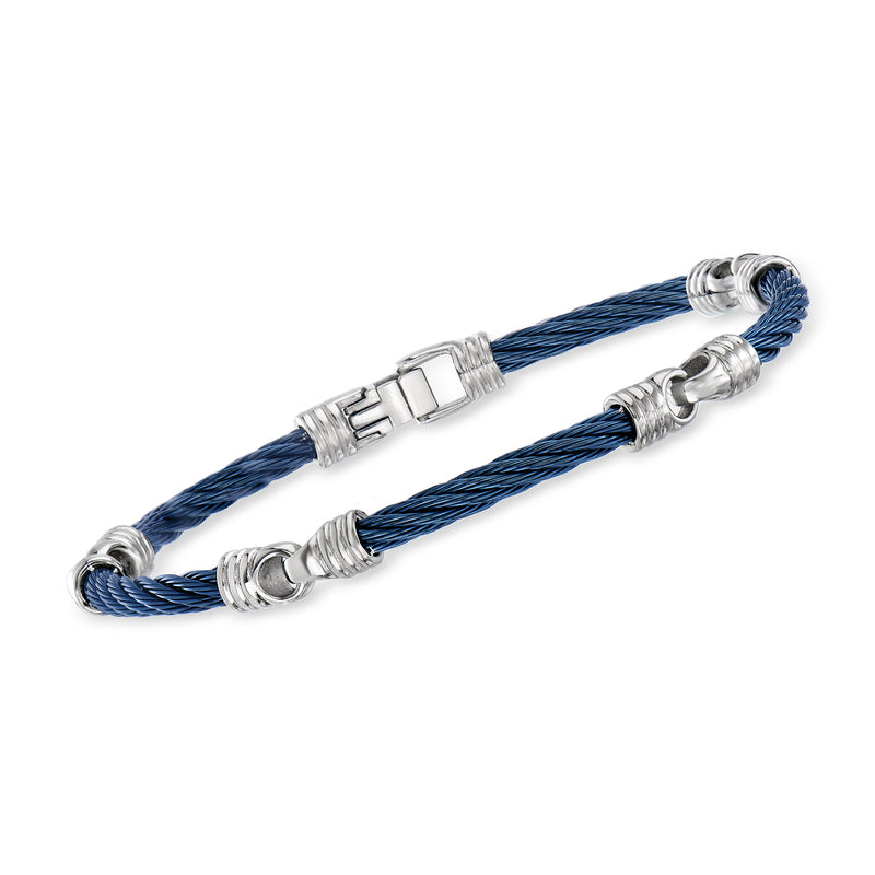 Men's blue braided cable station bracelet with silver interlocking links