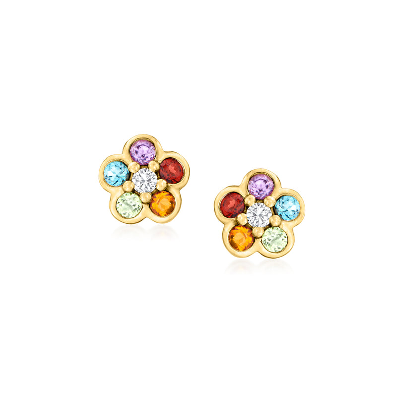 14kt yellow gold flower post earrings with multi-gemstones and small diamond accents