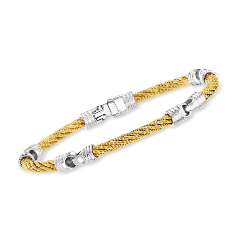 Men's yellow stainless steel cable interlocking station bracelet with silver links