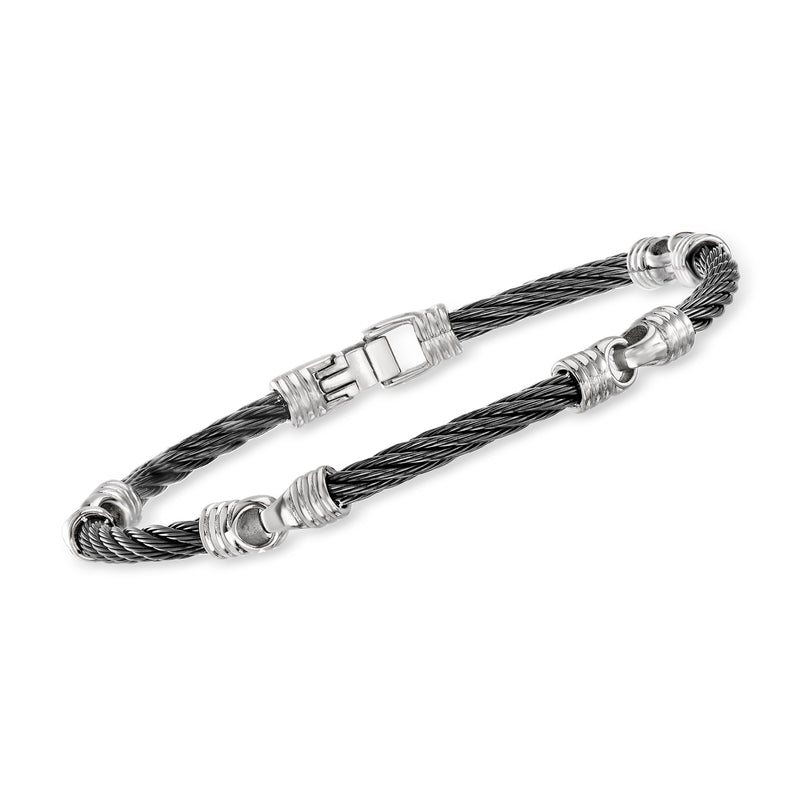 Men's black braided cable bracelet with stainless steel interlocking stations and clasp