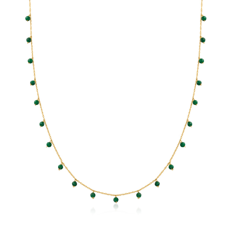 10kt yellow gold emerald bead station necklace with green beads