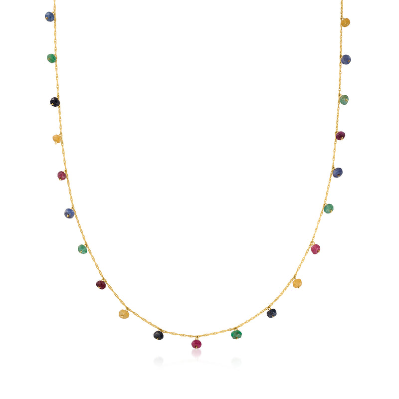 Multicolored gemstone bead station necklace in 10kt yellow gold, small round beads