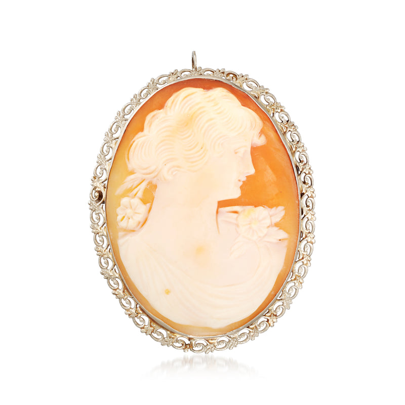 Oval orange shell cameo pendant in 14k white gold with profile woman in relief