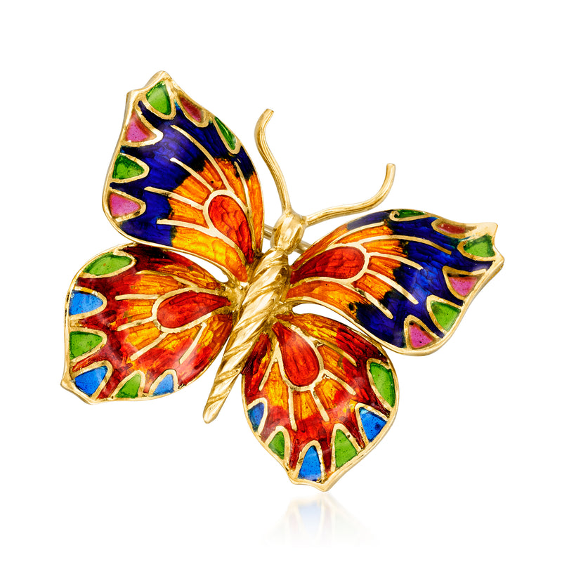 Vintage multicolored enamel butterfly pin in 18kt yellow gold