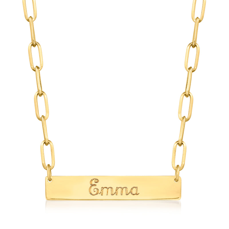 14kt yellow gold paper clip link ID bar necklace with engraved “Emma”