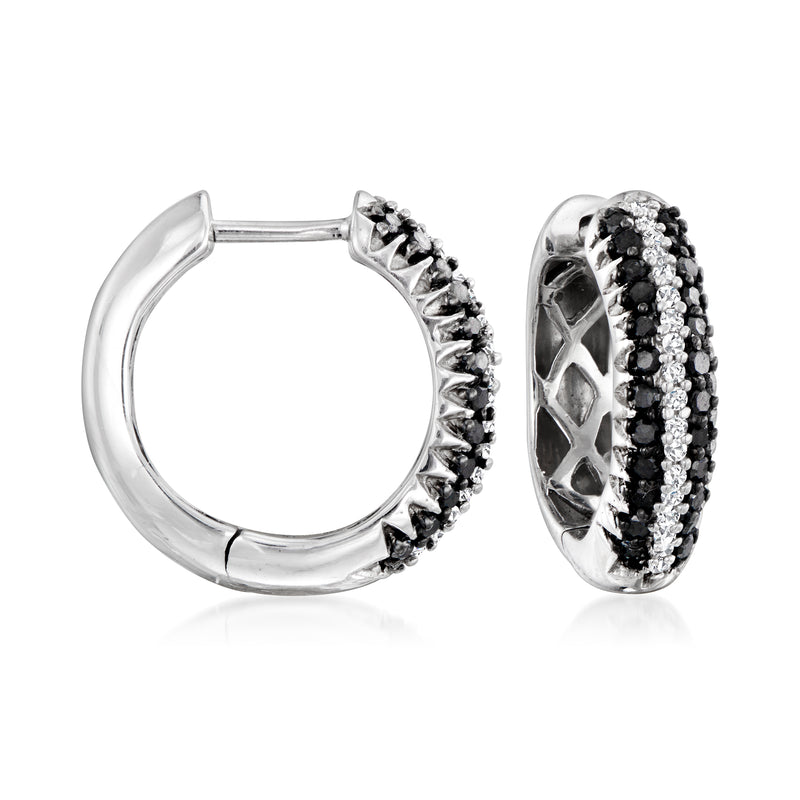 Sterling silver black and white diamond huggie hoop earrings