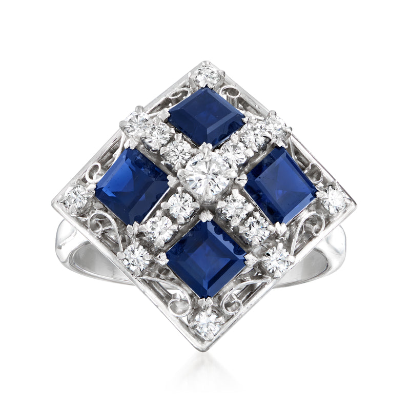 Platinum vintage ring with square cluster blue sapphires and diamond accents