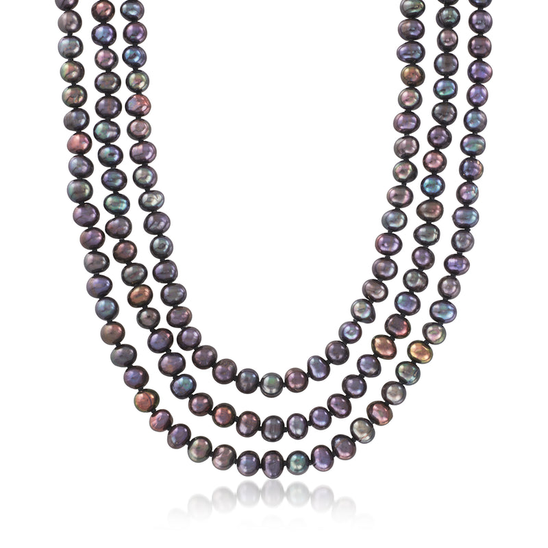 Cultured pearl endless necklace with dark round beads, triple-layer drape