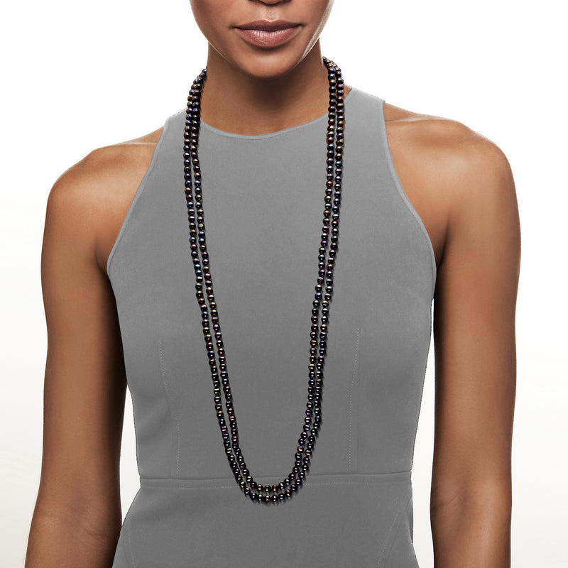 Cultured pearl endless necklace with dark round beads, long triple-strand on neckline
