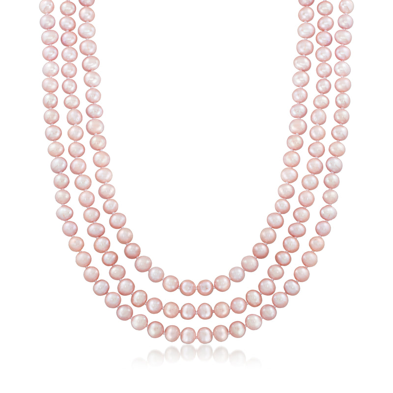 Pink cultured pearl necklace, 7–8mm strands, endless loop design