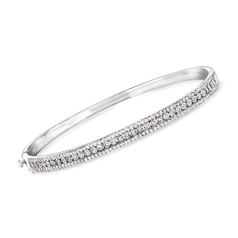 Sterling silver three-row oval-cut diamond bangle bracelet with pave stones