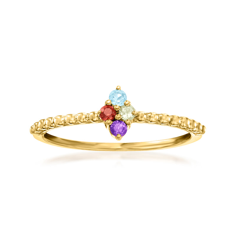 14kt yellow gold multi-gemstone ring with blue, red, purple stones on slim band