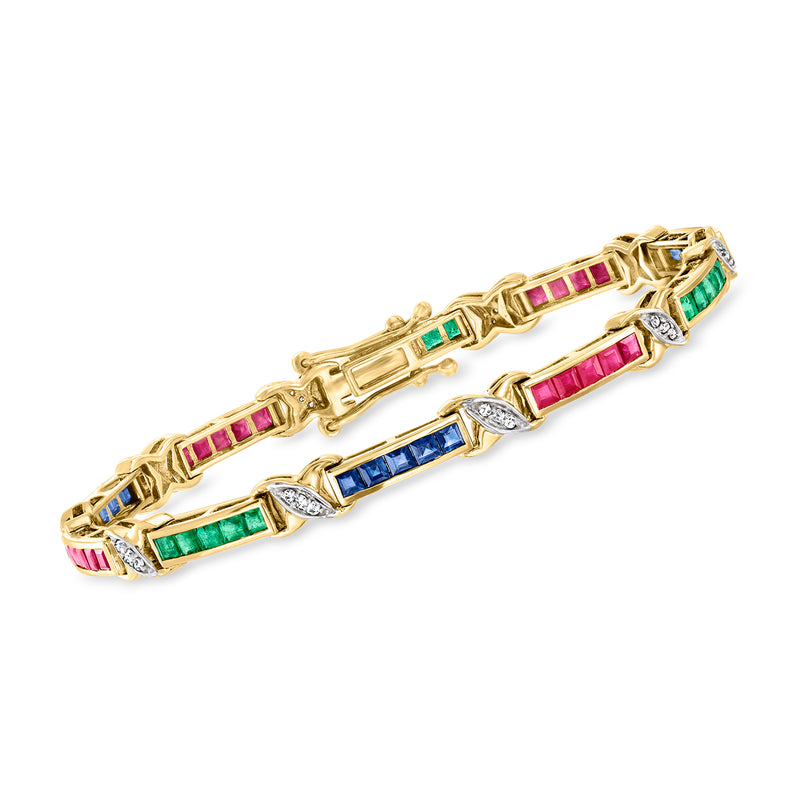 14kt yellow gold link bracelet with multicolor gemstone bars and diamond accents