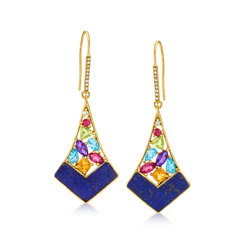Gold earwire drop earrings with blue lapis, purple and pink multicolor gemstones