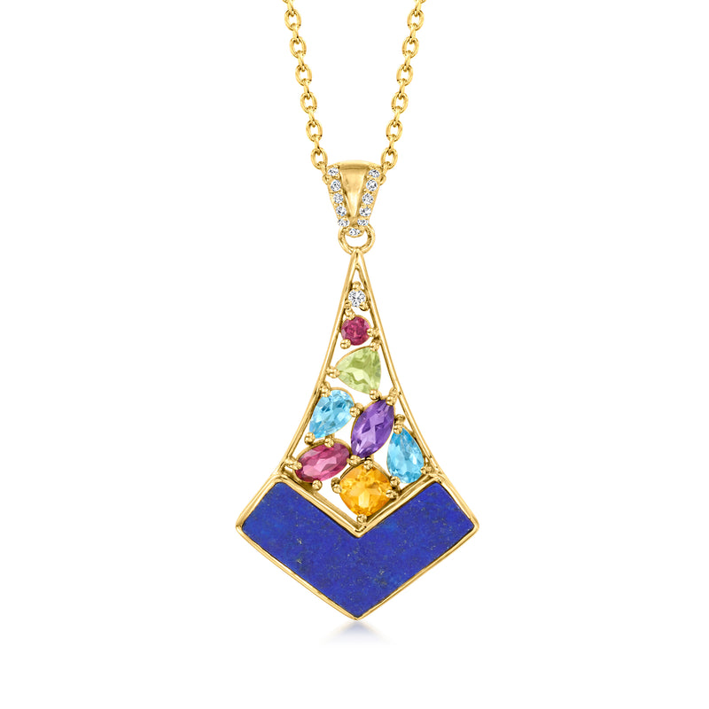 Gold-tone multi-gemstone pendant necklace with blue teardrop stone, purple and pink accents