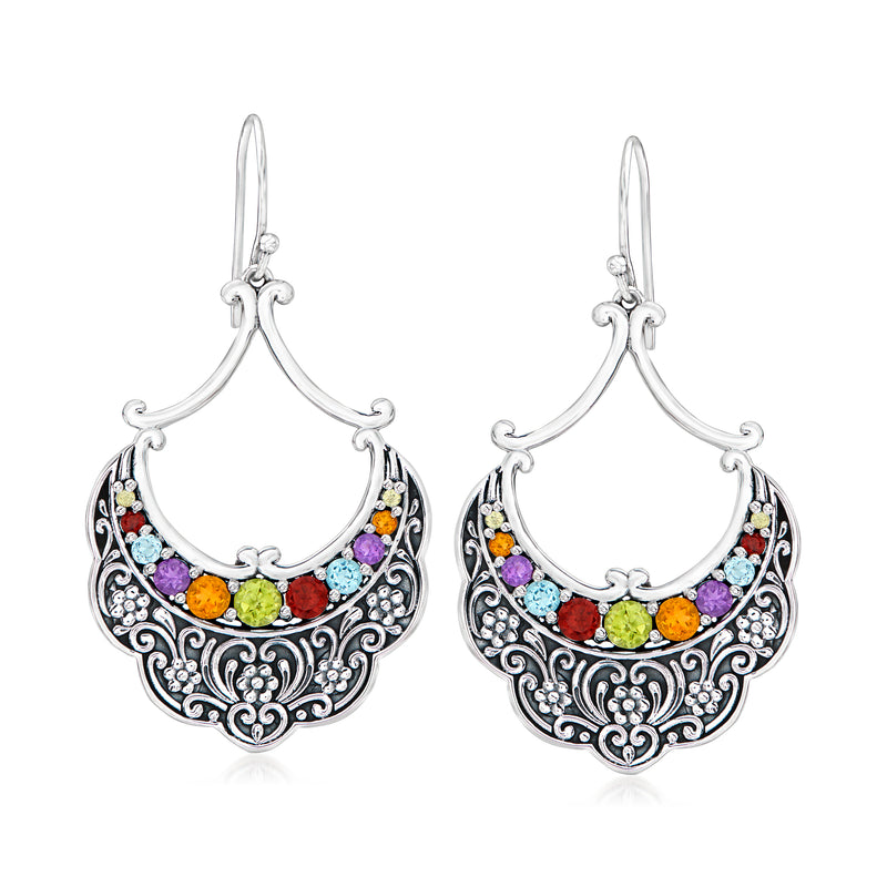 Sterling silver gemstone drop earrings with crescent design and multi-color stones